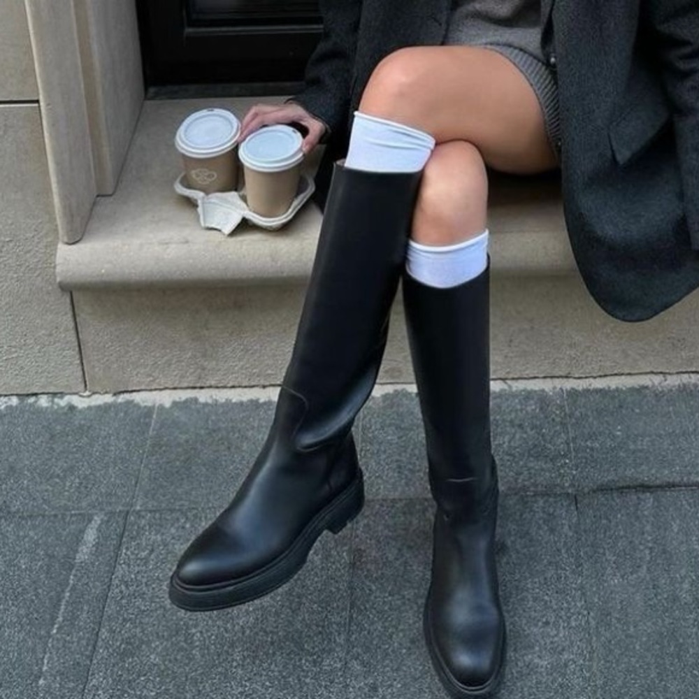 Calvin Klein Black Knee High Leather Riding Boots Stretch Panel Women’s Size 8.5